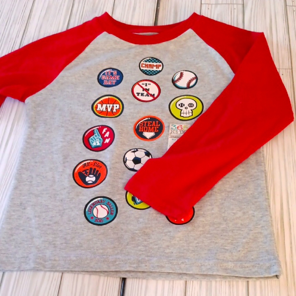 Red and Gray Kids Raglan Long Sleeve Shirt with Fun Patches